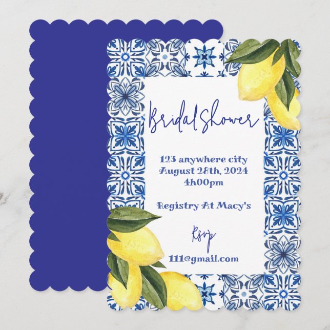 LIMONCELLO BRIDAL SHOWER INVITATION INBJUDNINGAR (Fram/baksida)