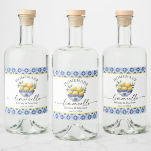 Limoncello Calligraphy Blue Tiles Watercolor Lemon Spritflaskor Etikett