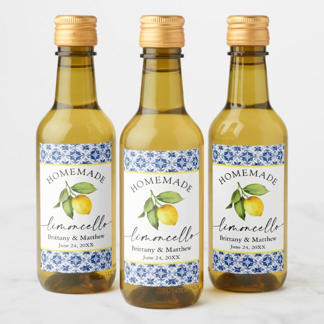 Limoncello Calligraphy Watercolor Lemon Blue Tile Vinetikett (Flaskor)