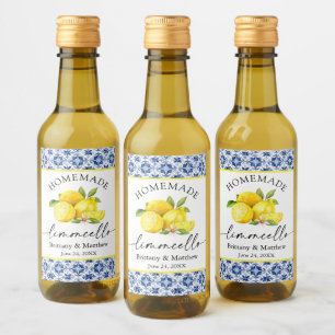 Limoncello Calligraphy Watercolor Lemons Blue Tile Vinetikett