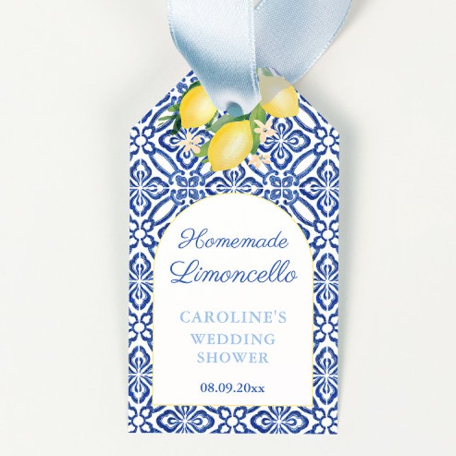 Limoncello Citroner Blå Kakel Bröllopsfirande Förm Presentetikett (Capri Lemons Homemade Limoncello wedding shower favor tags with arch and blue and white tile print)