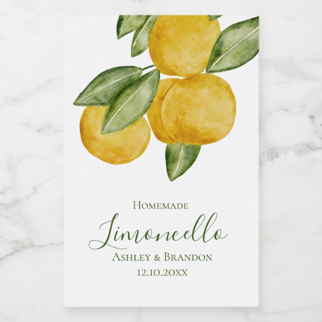 Limoncello-flasketikett, vacker citronvattenfärg mat etikett (Singel etikett)