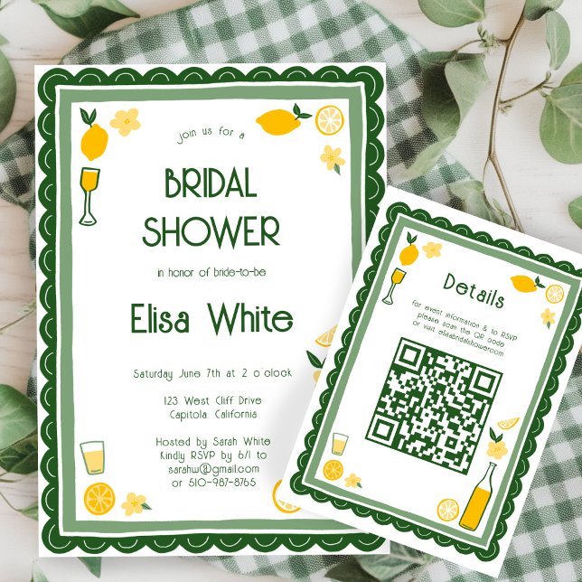 Limoncello Lemonad Anpassad QR Bröllopsfestival Tilläggskort (Limoncello Lemonade Lemons CUSTOM QR Code Bridal Shower Enclosure Card
)