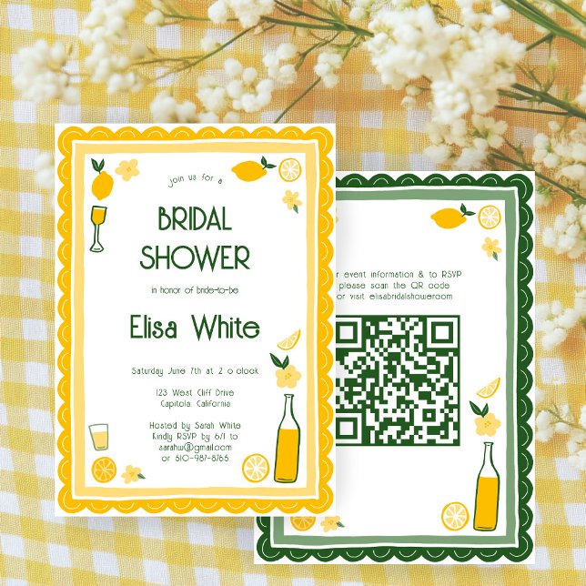 Limoncello Lemonade ANPASSNINGSBAR QR-Möhippa Inbjudningar (Limoncello Lemonade Lemons CUSTOM QR Code Cute Bridal Shower Invitation
)