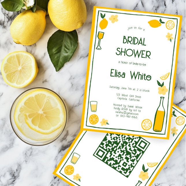 Limoncello Lemonade ANPASSNINGSBAR QR-Möhippa Inbjudningar (Limoncello Lemonade Lemons CUSTOM QR Code Cute Bridal Shower Invitation
)