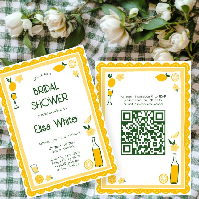 Limoncello Lemonade ANPASSNINGSBAR QR-Möhippa Inbjudningar (Limoncello Lemonade lemons CUSTOM QR Code Cute Bridal Shower Invitation
)