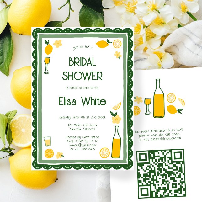 Limoncello Lemonade ANPASSNINGSBAR QR-Möhippa Inbjudningar (Limoncello Lemonade lemons CUSTOM QR Code Cute Bridal Shower Invitation
)