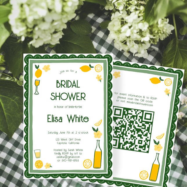 Limoncello Lemonade ANPASSNINGSBAR QR-Möhippa Inbjudningar (Limoncello Lemonade Lemons CUSTOM QR Code Cute Bridal Shower Invitation
)