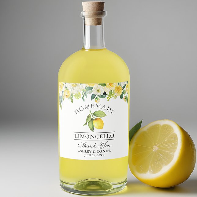 Limoncello Watercolor Lemon Blommigt Spritflaskor Etikett (Customize to change text size, color or text style.)