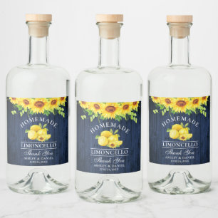 Limoncello Watercolor Solblommor Blue Wood Spritflaskor Etikett