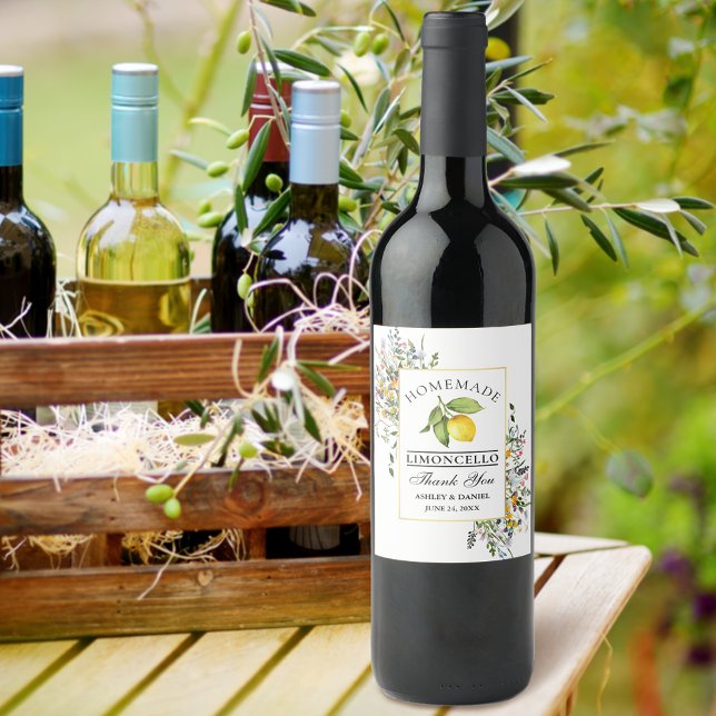 Limoncello Watercolor Wildblomme Flaska-etikett Vinflaska Etikett (Customize to change text size, color or text style.)