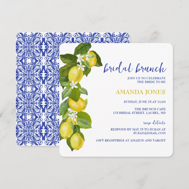 Limone I Italienska Lemon- och Blue Tile Shower In Inbjudningar (Fram/baksida)