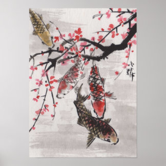 Lin Li's Art Chinese Watercolor KOI Plum Blommars Poster