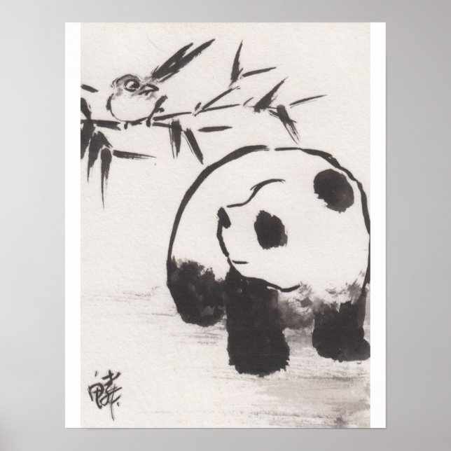 Lin Li's Art Print Panda och Bird 13090105 Poster (Framsidan)