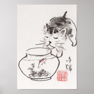 Lin Lis konsttryck: Katt och Godfish Poster
