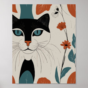 Linat Katt med färgade blommor Poster
