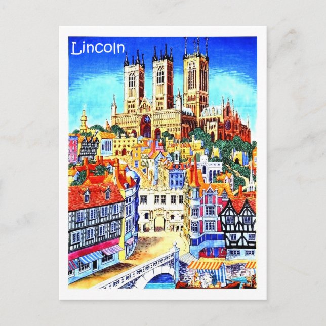 Lincoln city, England, illustration, gammal Vykort (Framsida)