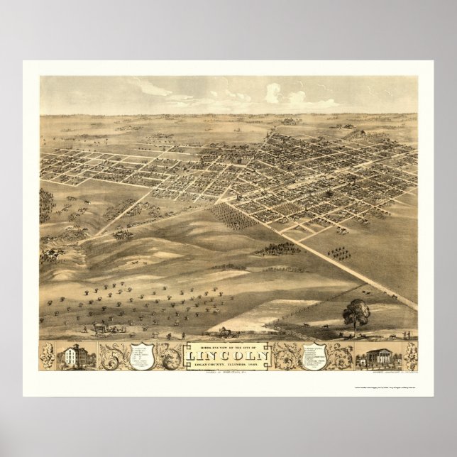 Lincoln, IL Panoramic Karta - 1869 Poster (Framsidan)