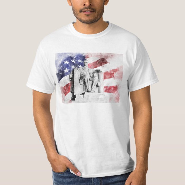 Lincoln Memorial-vattenfärg med amerikansk flagga T Shirt (Framsida)