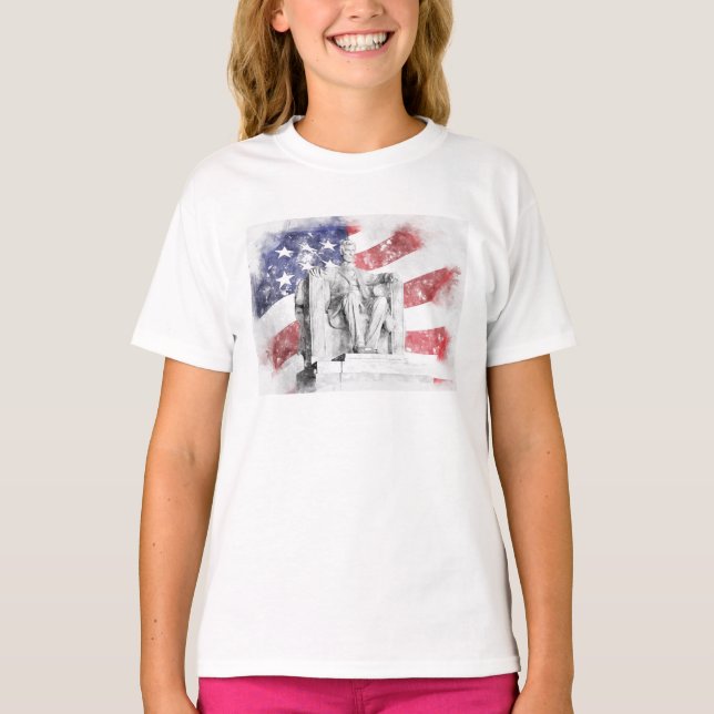 Lincoln Memorial, vattenfärgning Amerikanska flagg T Shirt (Framsida)