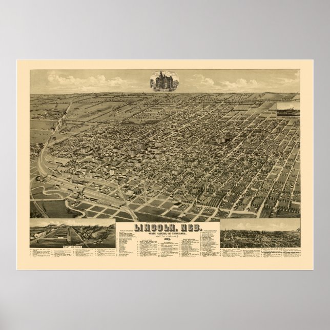 Lincoln, NE Panoramic Karta - 1889 Poster (Framsidan)