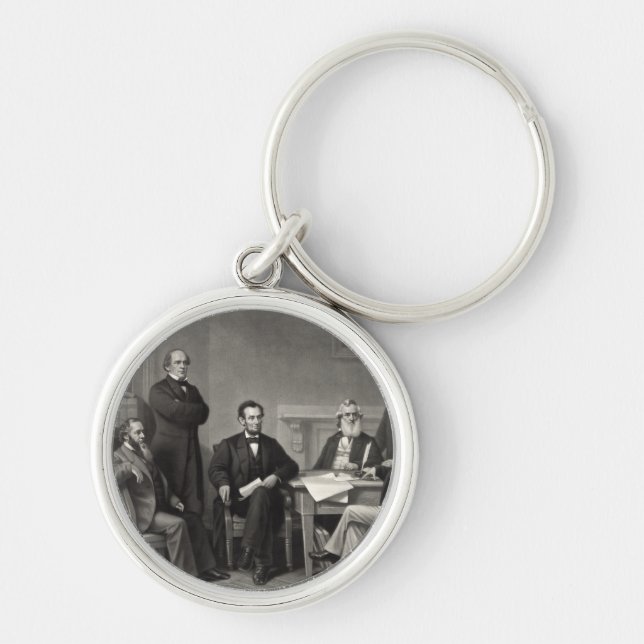 Lincoln Reading the Emancipation Proclamation Rund Silverfärgad Nyckelring (Framsidan)