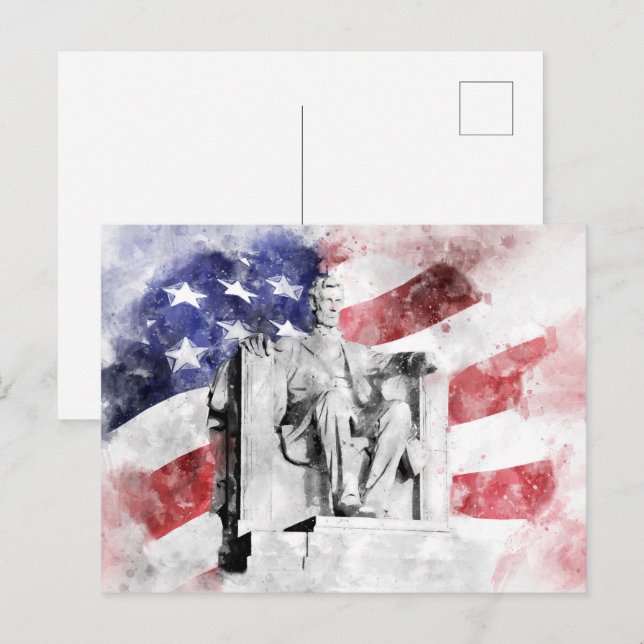 Lincolnmonumentet akvarell med amerikansk flagga vykort (Fram/baksida)