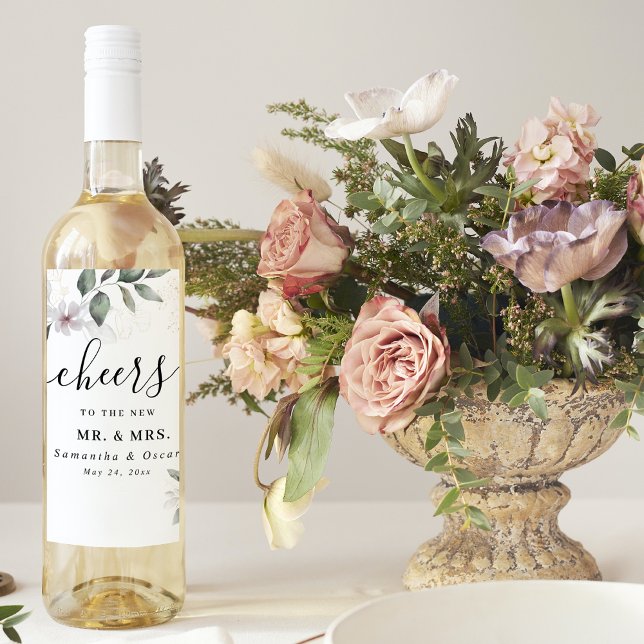 Lind Grönska Akvarellblad & Blomma | Guld Vinflaska Etikett (Skapare uppladdad)