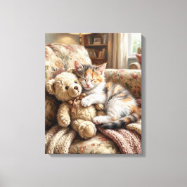 Lindo Gatito Durmiendo con Oso de Peluche Canvastryck