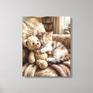 Lindo Gatito Durmiendo con Oso de Peluche Canvastryck