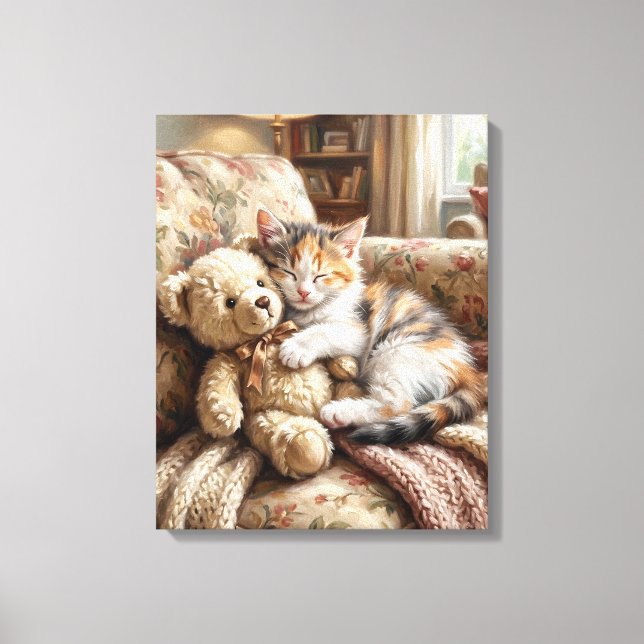 Lindo Gatito Durmiendo con Oso de Peluche Canvastryck (Framsida)