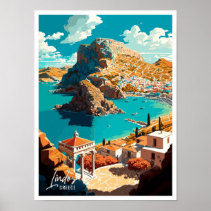 Lindos Greece Art Art Vintage resor Illustration Poster