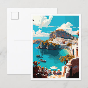 Lindos Greece vintage resor illustration Vykort