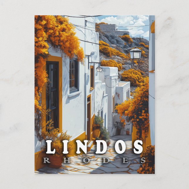 Lindos, Rhodes: Vintage Grekisk arkitektur Vykort (Framsida)
