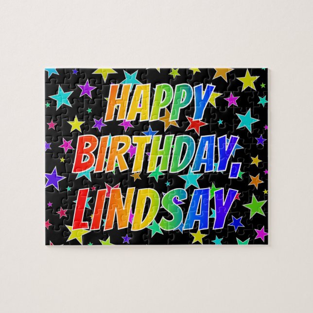 "LINDSAY" Förnamn, Kul "GRATTIS PÅ FÖDELSEDAGEN" Pussel (Horisontell)