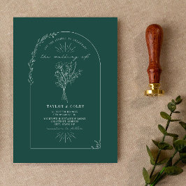 Line Art Arch Bouquet Emerald Bröllop Inbjudningar
