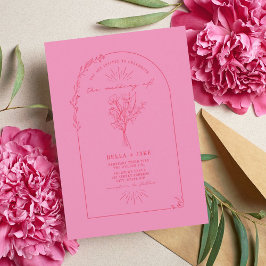 Line Art Arch Bouquet Rosa Red Bröllop Inbjudningar