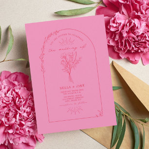 Line Art Arch Bouquet Rosa Red Bröllop Inbjudningar