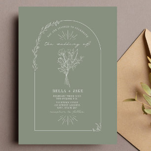 Line Art Arch Bouquet Sage Grönt Bröllop Inbjudningar