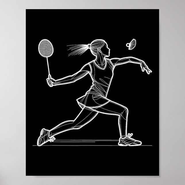 Line Art Badminton Player Shuttle Women Badmintone Poster (Framsidan)