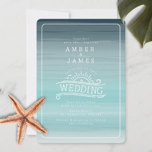 Line Art Beach Wedding Teal Ombre Inbjudningar