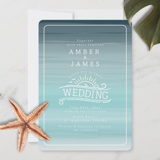 Line Art Beach Wedding Teal Ombre Inbjudningar (Skapare uppladdad)
