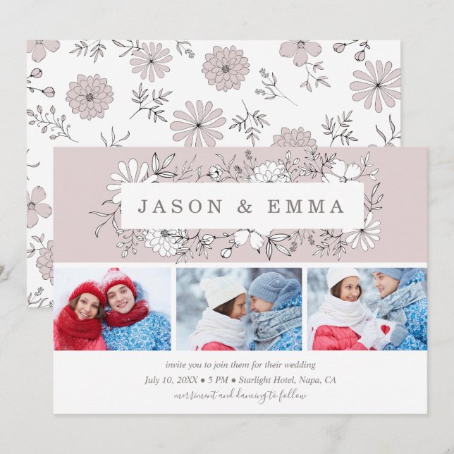 Line Art Blommigt Ram Dusty Ro 3 Photo Bröllop Inbjudningar (Fram/baksida)