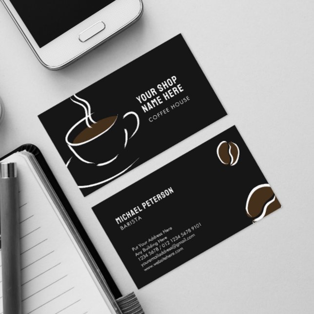 Line Art Coffee Kopp och Beans på Black Visitkort (Skapare uppladdad)