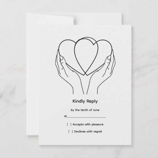 Line Art Hearts & Hands Wedding RSVP Card OSA Kort (Framsida)