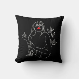 Line Art illustration. Femme en noir et blanc Kudde