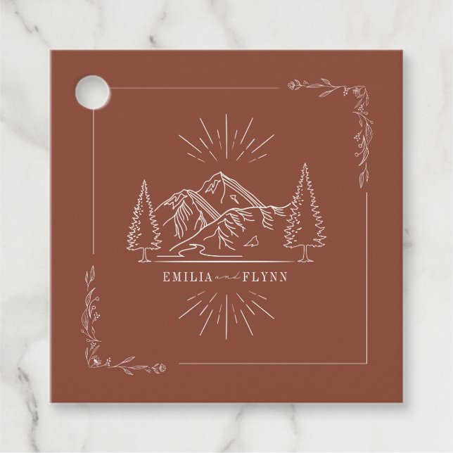 Line Art Mountains Bröllop Terracotta Bröllop Gåvor Etiketter (Framsida)