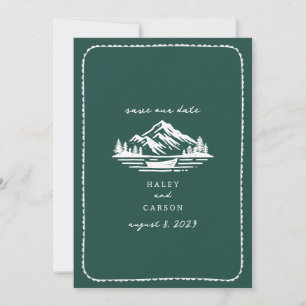 Line Art Mountains Canoe Emerald Bröllop Spara Datumet