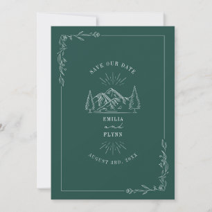 Line Art Mountains Teal Bröllop spara datum Datumet