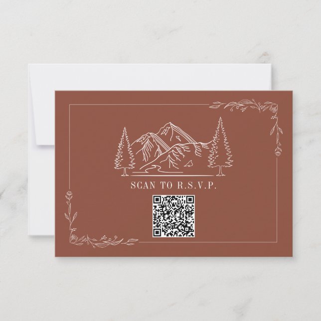 Line Art Mountains Terracotta QR Code Bröllop OSA Kort (Framsida)